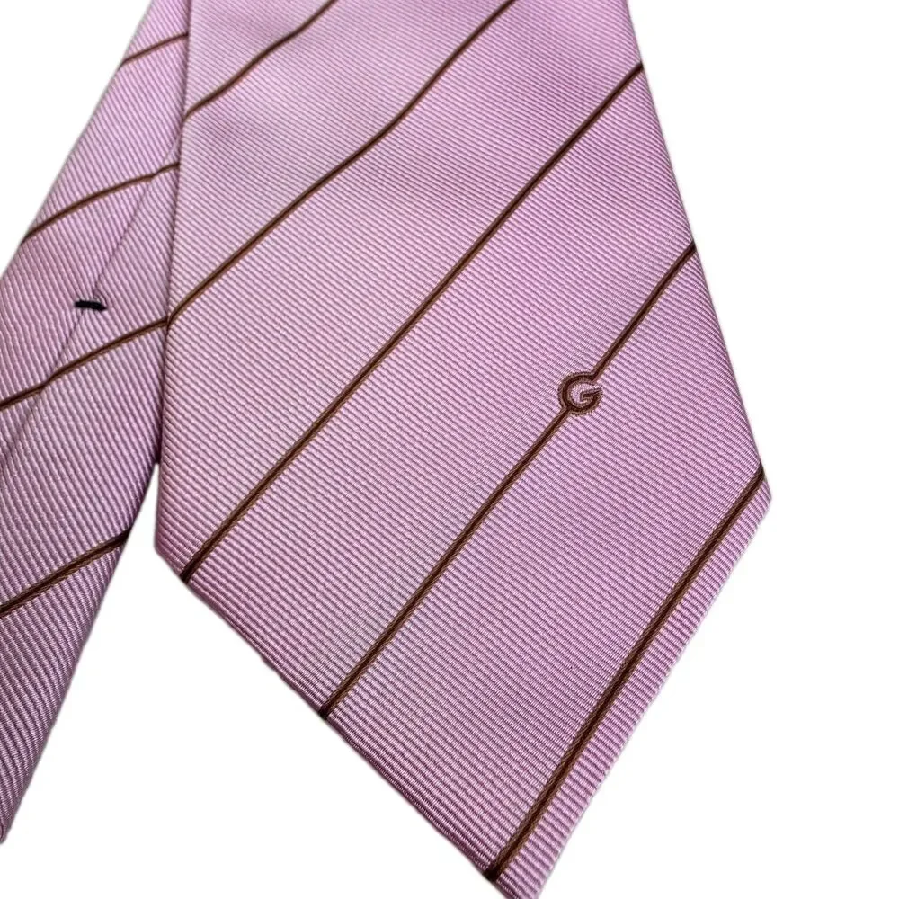 Gucci Mens 100% Silk Tie Made In Italy Pink Brown Stripe 3.75x58 Authentic 🇮🇹